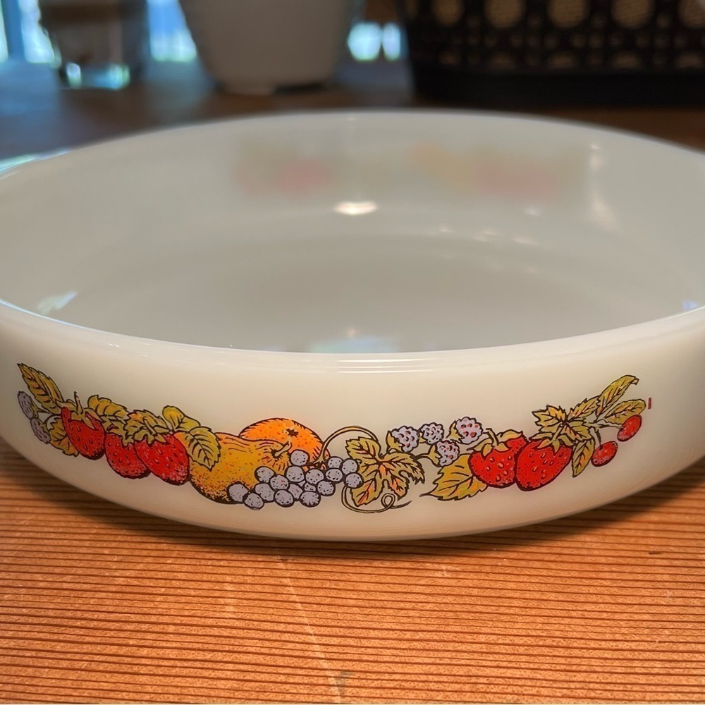 Fire King Anchor Hocking Milk Glass 9 Inch Baking Dish w/Colorful Fruit Design